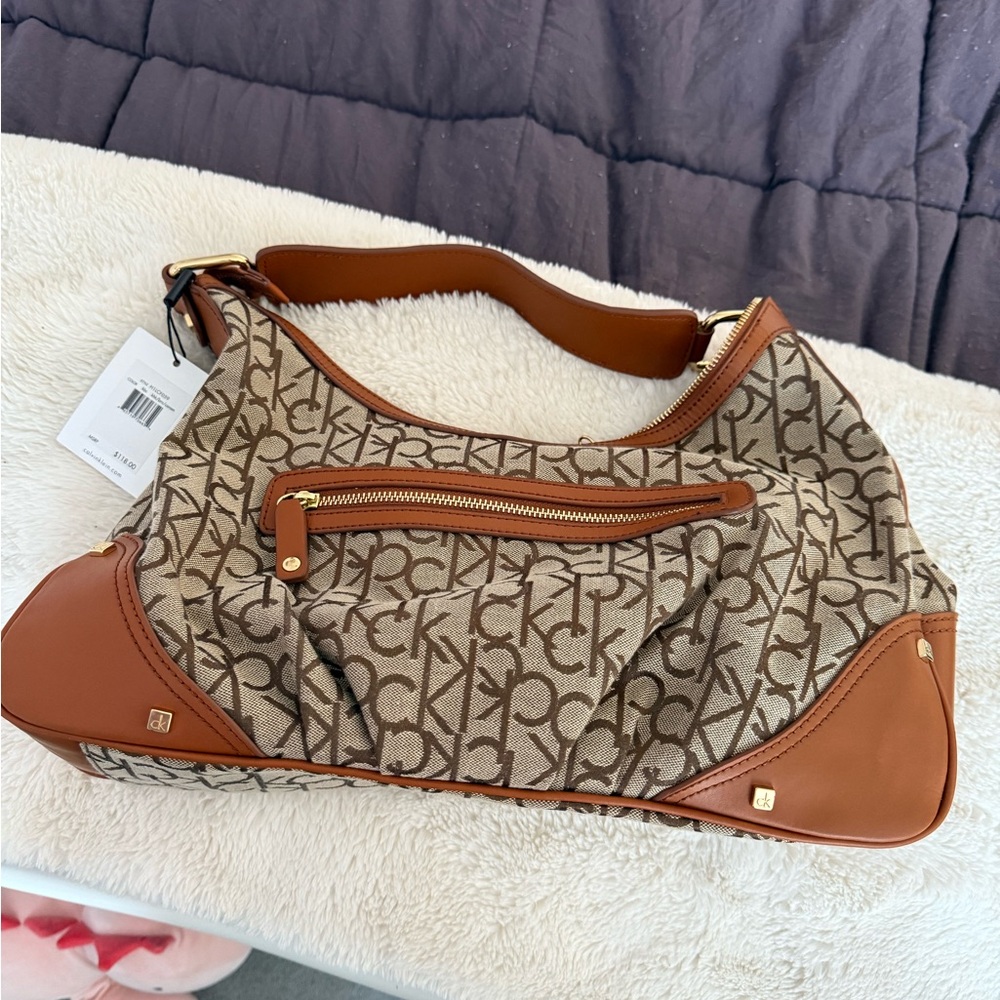 Calvin Klein Signature Brown and Tan Shoulder Bag